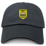 The EMB S&S Activewear Burger Boys RFC Adult Low-Profile Cotton Twill Dad Cap is black, with an embroidered yellow shield logo, burger illustration, and "BURGER BOYS RFC Founded 1940" text.