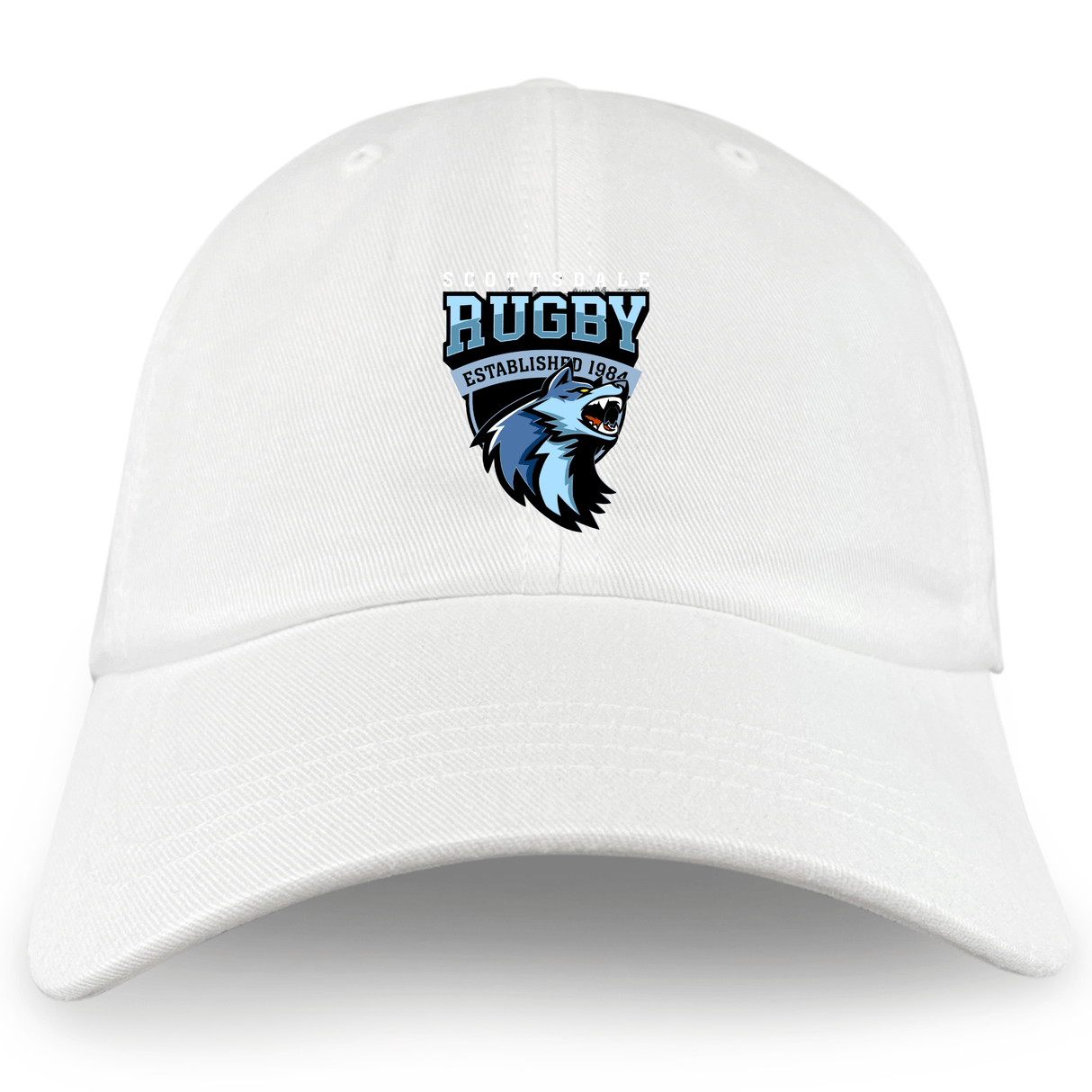 The Scottsdale Rugby Adult Low-Profile Cotton Twill Dad Cap by EMB S&S Activewear features embroidered team branding with a wolf head logo and "Rugby Established 1964" on the front.