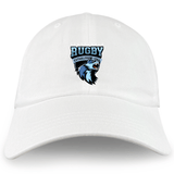 The Scottsdale Rugby Adult Low-Profile Cotton Twill Dad Cap by EMB S&S Activewear features embroidered team branding with a wolf head logo and "Rugby Established 1964" on the front.