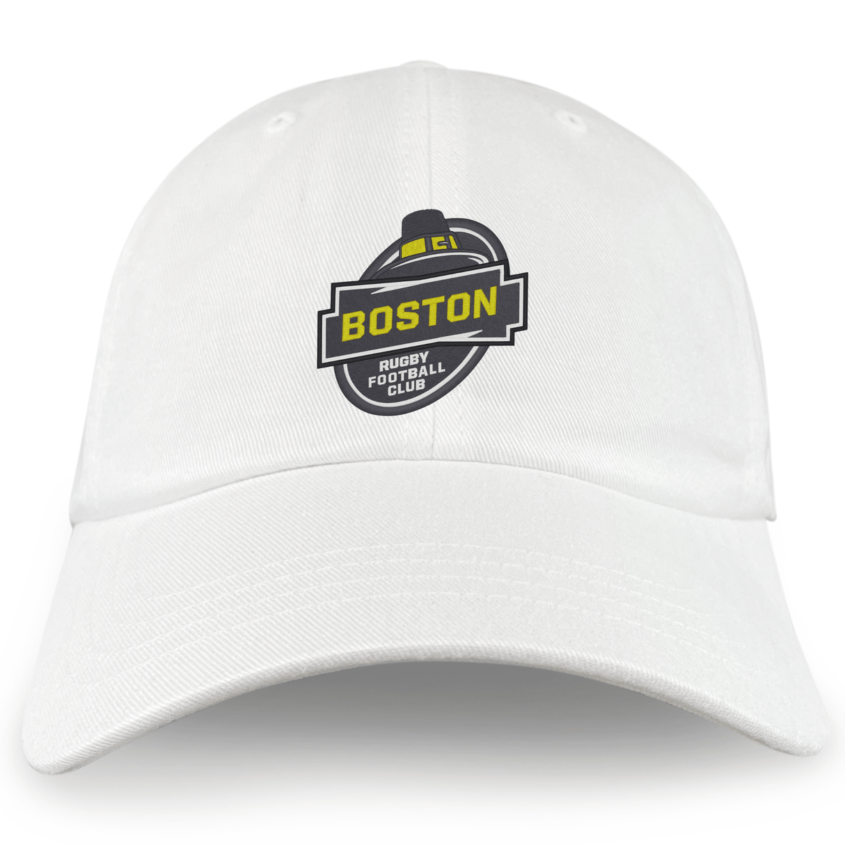 White EMB Alpha Broder cotton twill cap with a yellow, black, and gray logo that reads "Boston Rugby Football Club" on the front.