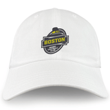 White EMB Alpha Broder cotton twill cap with a yellow, black, and gray logo that reads "Boston Rugby Football Club" on the front.