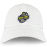 White EMB Alpha Broder cotton twill cap with a yellow, black, and gray logo that reads "Boston Rugby Football Club" on the front.