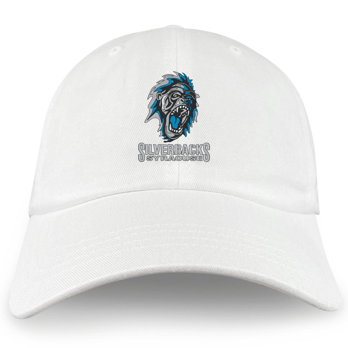 The EMB S&S Activewear Syracuse Silverbacks Adult Low-Profile Cotton Twill Dad Cap features an embroidered roaring gorilla head above “Silverbacks Syracuse” in gray text on white cotton twill.