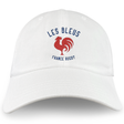 The Les Bleus France Rugby Dad Cap by EMB S&S Activewear is a white cotton twill hat featuring a red rooster and blue "LES BLEUS FRANCE RUGBY" text—a must-have for any France Rugby fan.