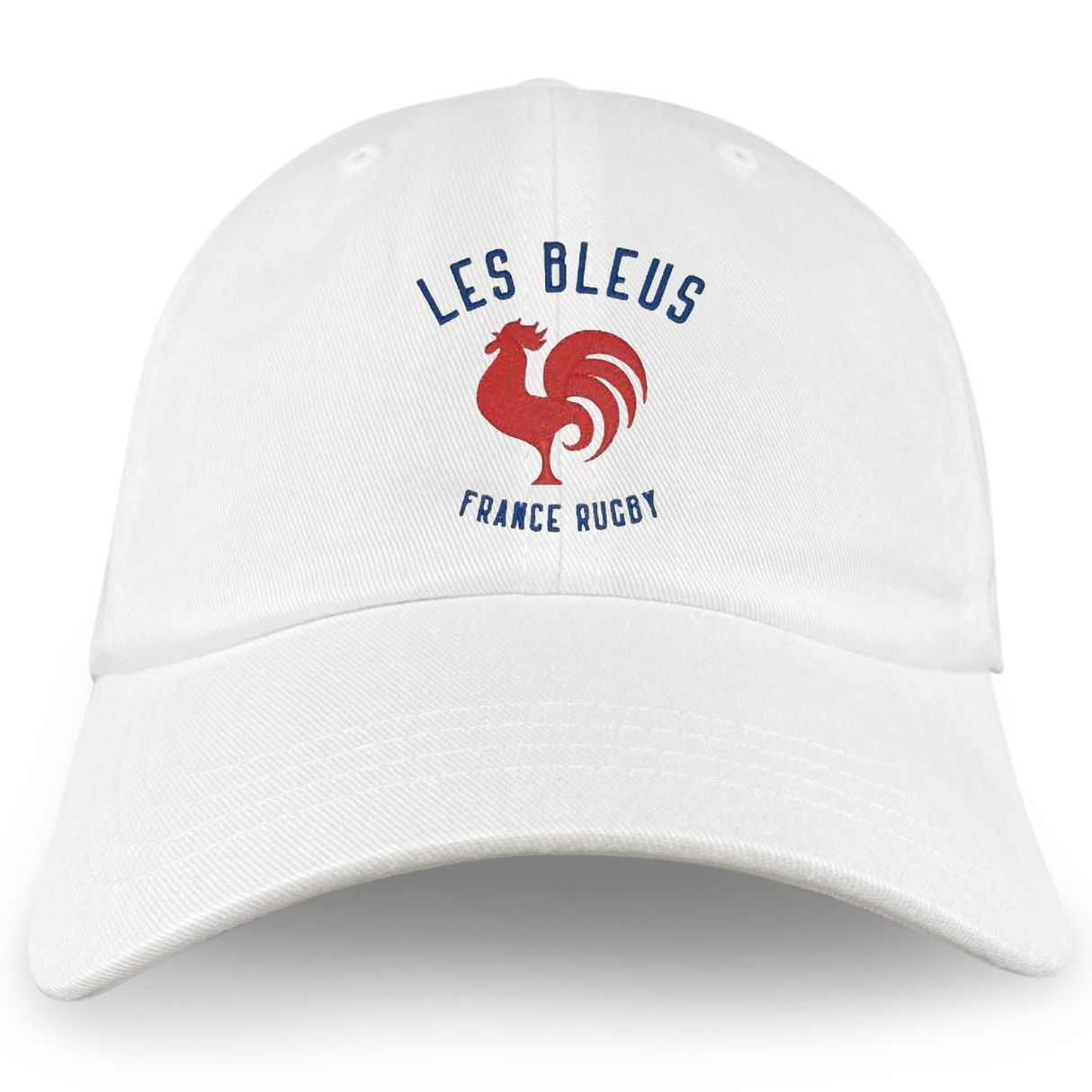 The Les Bleus France Rugby Dad Cap by EMB S&S Activewear is a white cotton twill hat featuring a red rooster and blue "LES BLEUS FRANCE RUGBY" text—a must-have for any France Rugby fan.