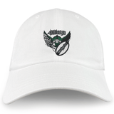 The EMB S&S Activewear Chicago Valkyries Adult Low-Profile Cotton Twill Dad Cap features embroidered team branding with "Chicago," stylized wings, a football, and "Winners" on white cotton twill.