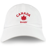 The Nations of Rugby Canada Rugby Dad Cap by EMB S&S Activewear features "CANADA RUGBY" and a red maple leaf embroidered on the front—an ideal addition to any rugby hat collection.