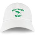 The EMB S&S Activewear Nations of Rugby Australia Dad Cap features a white cotton twill build with green “AUSTRALIA RUGBY” text and a kangaroo graphic embroidered on the front—perfect for rugby fans.