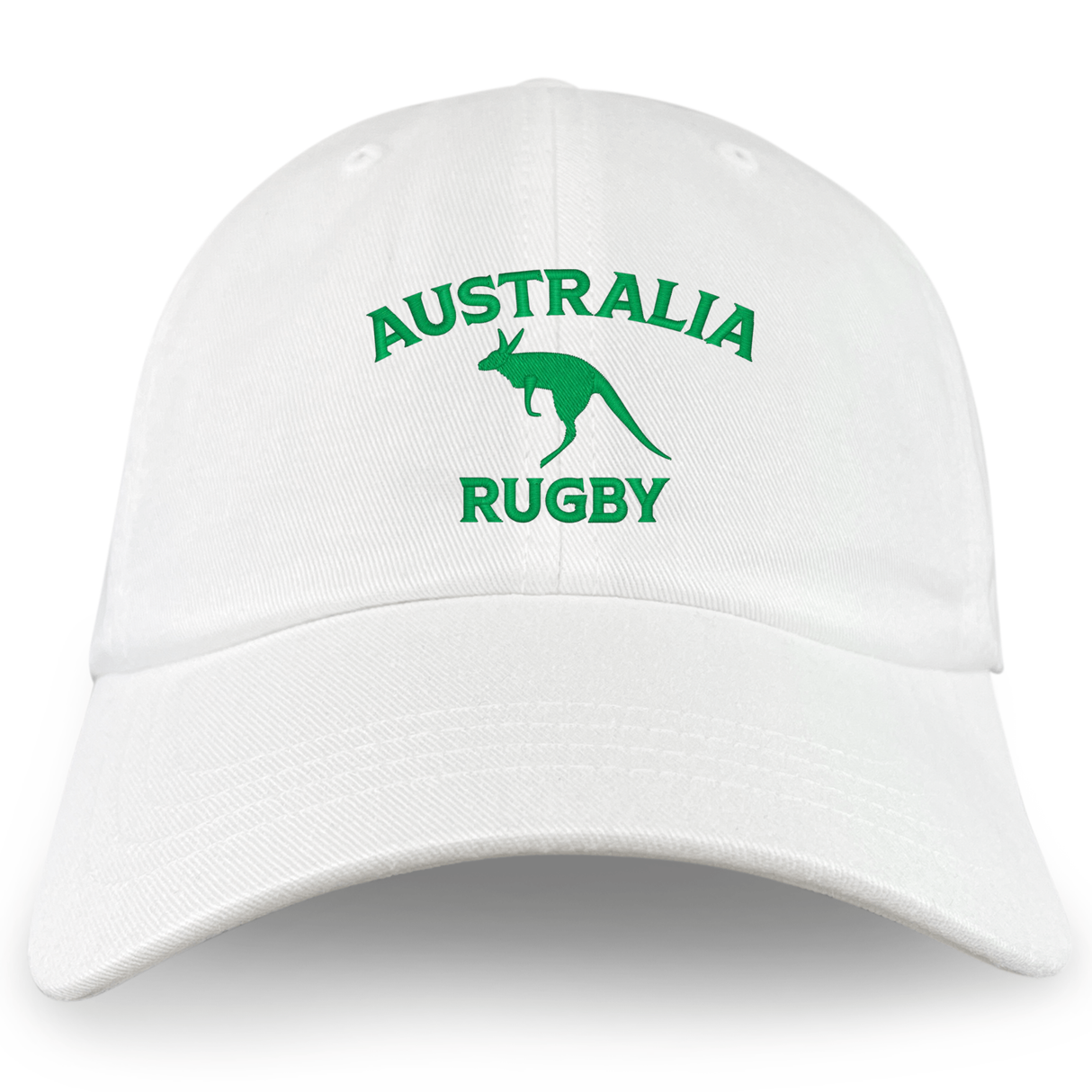 The EMB S&S Activewear Nations of Rugby Australia Dad Cap features a white cotton twill build with green “AUSTRALIA RUGBY” text and a kangaroo graphic embroidered on the front—perfect for rugby fans.