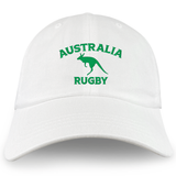 The EMB S&S Activewear Nations of Rugby Australia Dad Cap features a white cotton twill build with green “AUSTRALIA RUGBY” text and a kangaroo graphic embroidered on the front—perfect for rugby fans.