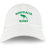 The EMB S&S Activewear Nations of Rugby Australia Dad Cap features a white cotton twill build with green “AUSTRALIA RUGBY” text and a kangaroo graphic embroidered on the front—perfect for rugby fans.