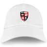 The Rye High School Rugby Adult Low-Profile Cotton Twill Dad Cap by EMB S&S Activewear features red, black, and white panels plus embroidered animal symbols and team branding on the front.
