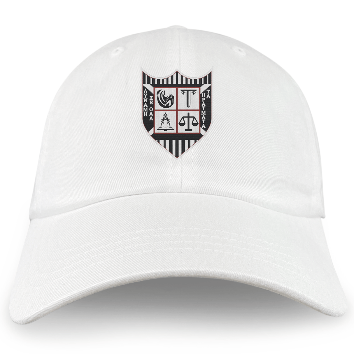 The Troy University Rugby Adult Low-Profile Cotton Twill Dad Cap by EMB S&S Activewear features team embroidery with a black and white striped crest, various symbols, and vertical text on the front.