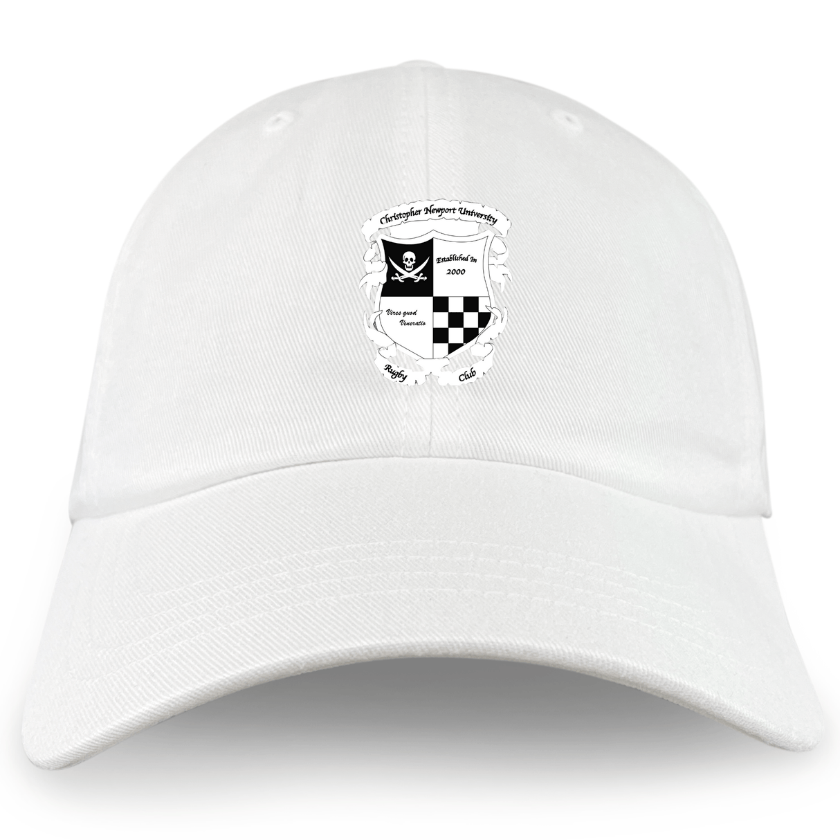 The EMB S&S Activewear Rugby Football Club at Christopher Newport University Dad Cap is a white cotton twill hat with an embroidered black-and-white crest, pirate flag, text, and checkered design on the front center.