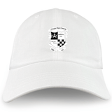 The EMB S&S Activewear Rugby Football Club at Christopher Newport University Dad Cap is a white cotton twill hat with an embroidered black-and-white crest, pirate flag, text, and checkered design on the front center.