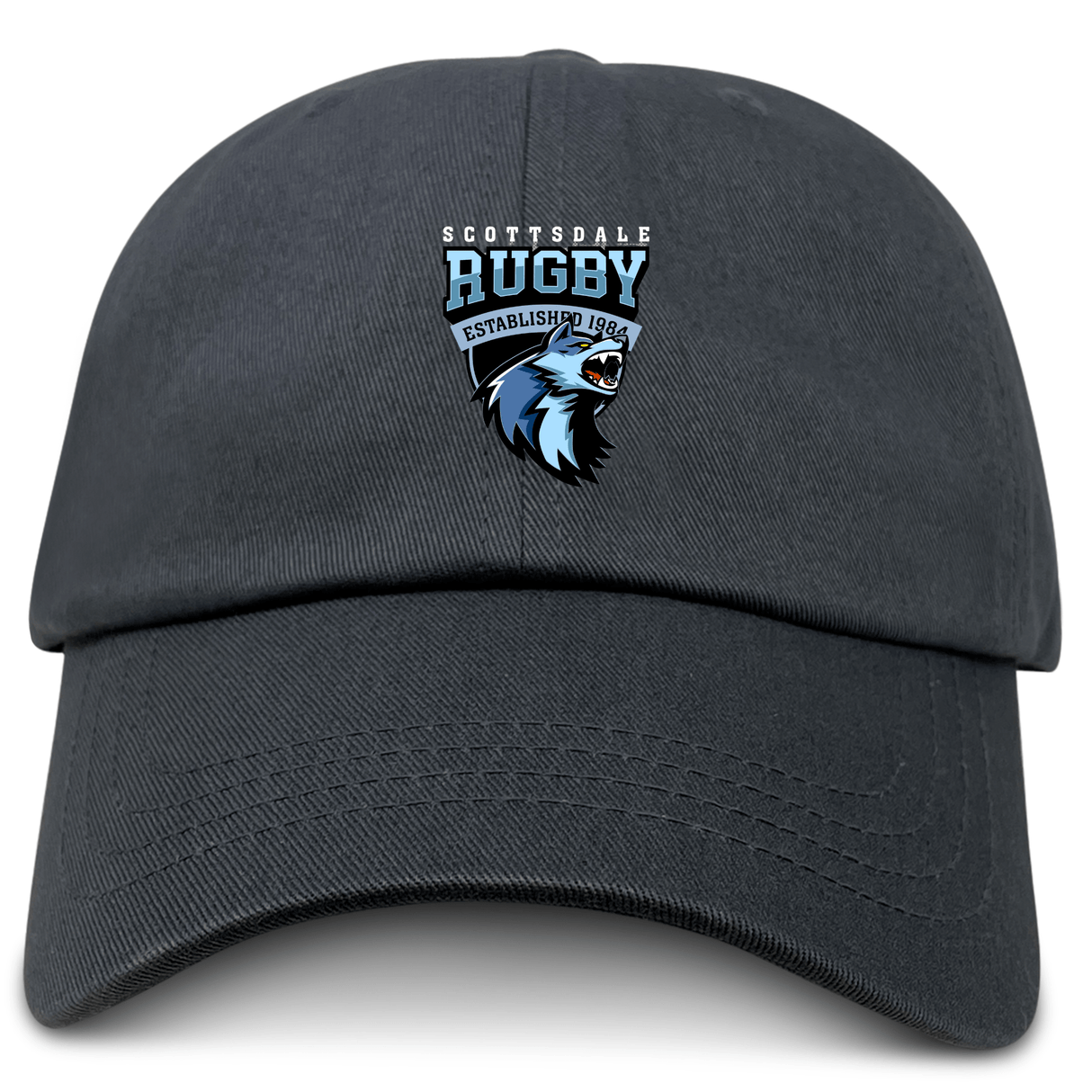 The EMB S&S Activewear Scottsdale Rugby Adult Low-Profile Cotton Twill Dad Cap features a black cotton twill build with embroidered team branding, a roaring wolf, and "Established 1984" on the front.