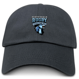 The EMB S&S Activewear Scottsdale Rugby Adult Low-Profile Cotton Twill Dad Cap features a black cotton twill build with embroidered team branding, a roaring wolf, and "Established 1984" on the front.