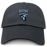 The EMB S&S Activewear Scottsdale Rugby Adult Low-Profile Cotton Twill Dad Cap features a black cotton twill build with embroidered team branding, a roaring wolf, and "Established 1984" on the front.