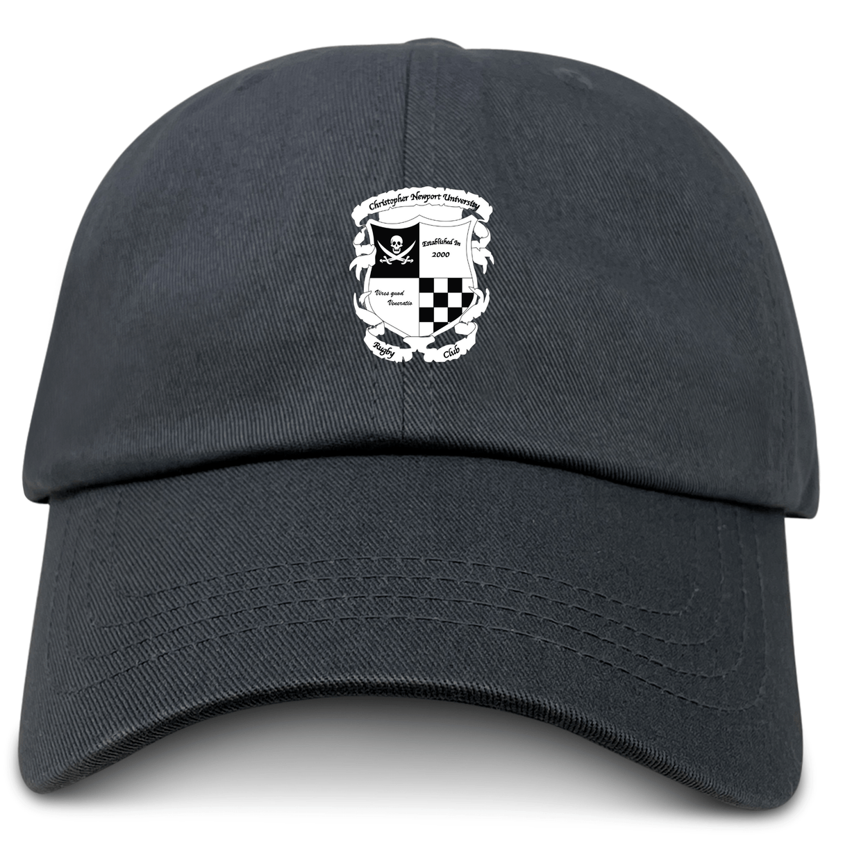 The EMB S&S Activewear Rugby Football Club at Christopher Newport University Adult Low-Profile Cotton Twill Dad Cap is black with a front center embroidered white skull and crossbones crest, checkerboard pattern, and text details.