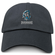 The Syracuse Silverbacks Adult Low-Profile Cotton Twill Dad Cap by EMB S&S Activewear is a black hat featuring a blue and gray roaring gorilla logo and "SILVERBACKS SYRACUSE" embroidered on the front.