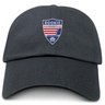 A dark gray cotton twill dad cap featuring an embroidered "Rookie Rugby Cincinnati" logo with red, white, and blue colors and a crown symbol is the Cincinnati Rookie Rugby Adult Low-Profile Cotton Twill Dad Cap by EMB Alpha Broder.