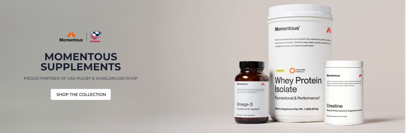 Momentous Supplements products including whey protein isolate, omega-3, and creatine on a light gray background.