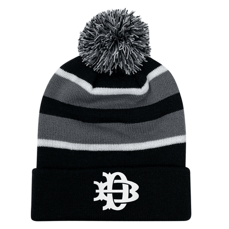 A Denver Barbarians Rugby Hooped Pom-Pom Beanie with an embroidered design from EMB Augusta.