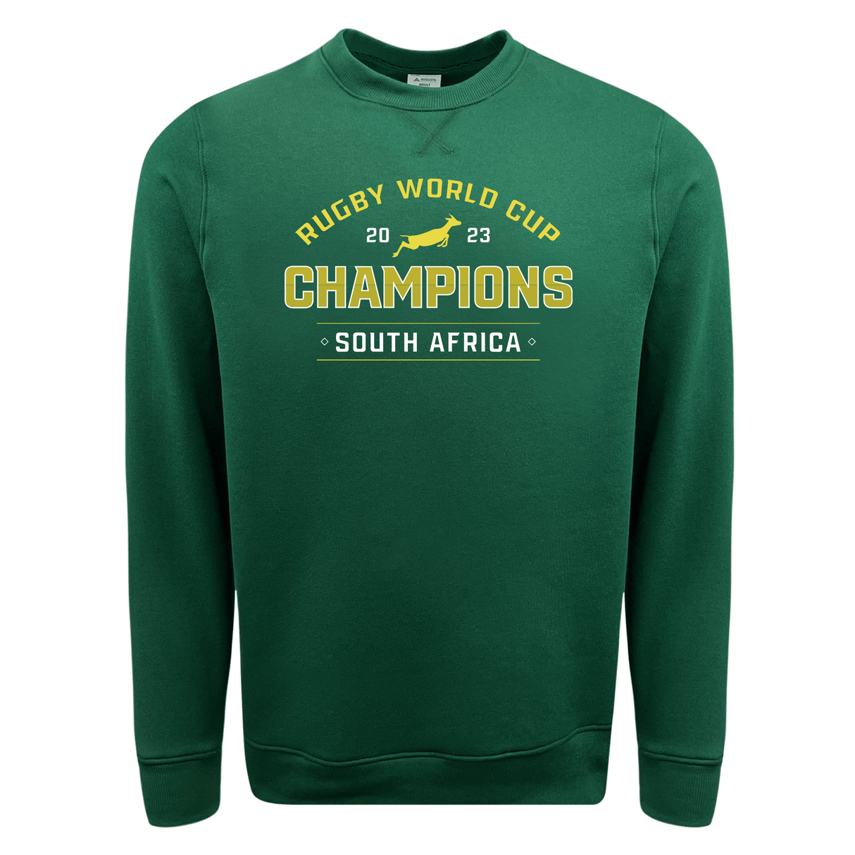A WRS Augusta South Africa RWC 23 Champions Crewneck Fleece Sweatshirt that proudly displays the Rugby World Cup 23 Champions logo.
