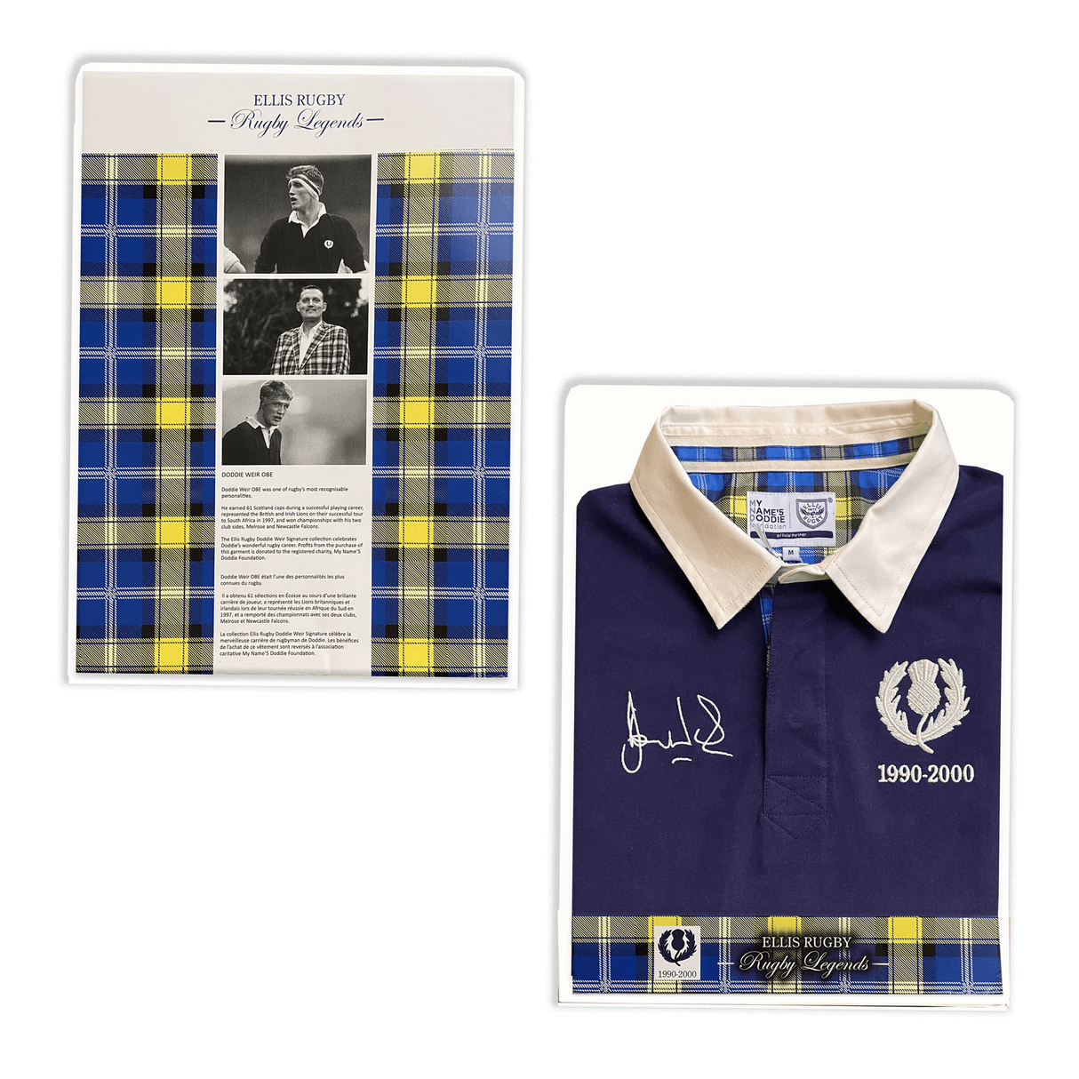 A display showcases the Ellis Rugby Doddie Weir Classic Jersey, featuring a blue design with a white collar, embroidered elements, and signatures. It boasts a Scotland crest. Beside it is a panel with black and white photos, text, and accents of blue and yellow plaid tartan trim.