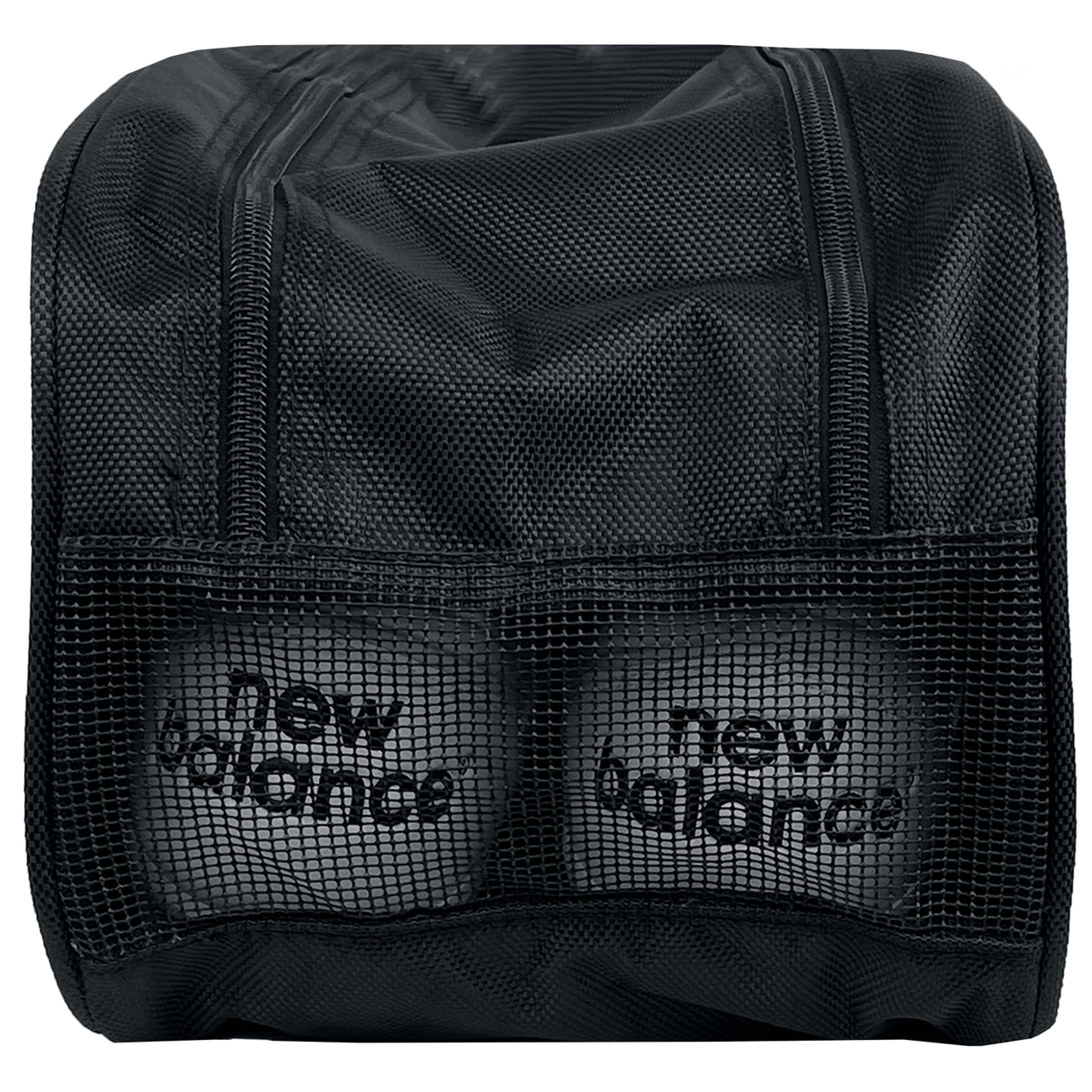 Close-up of a Gallagher Chiefs Super Rugby Boot Bag by DryWorld, showcasing a black mesh section through which two white cricket balls with "new balance" printed on them are partially visible.