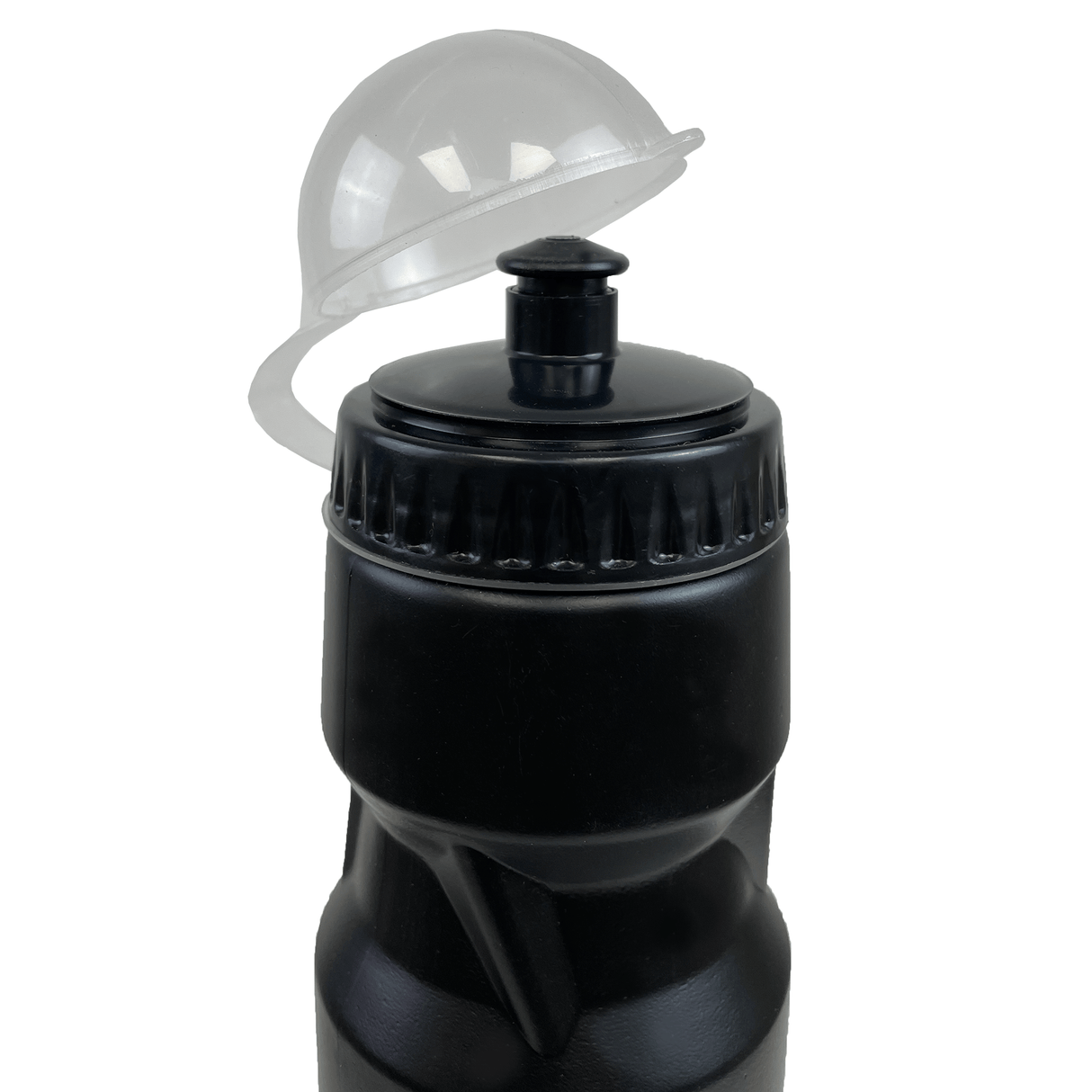 A sleek black plastic Hurricanes Super Rugby Water Bottle by DryWorld featuring a flip-top lid and a clear protective cap that is slightly open.