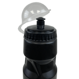 A sleek black plastic Hurricanes Super Rugby Water Bottle by DryWorld featuring a flip-top lid and a clear protective cap that is slightly open.