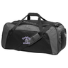 A black and gray Ardrey Kell Rugby Holdall Duffle Bag by EMB Canterbury with "Knights Rugby" text and a knight helmet logo on the front pocket features an adjustable shoulder strap.