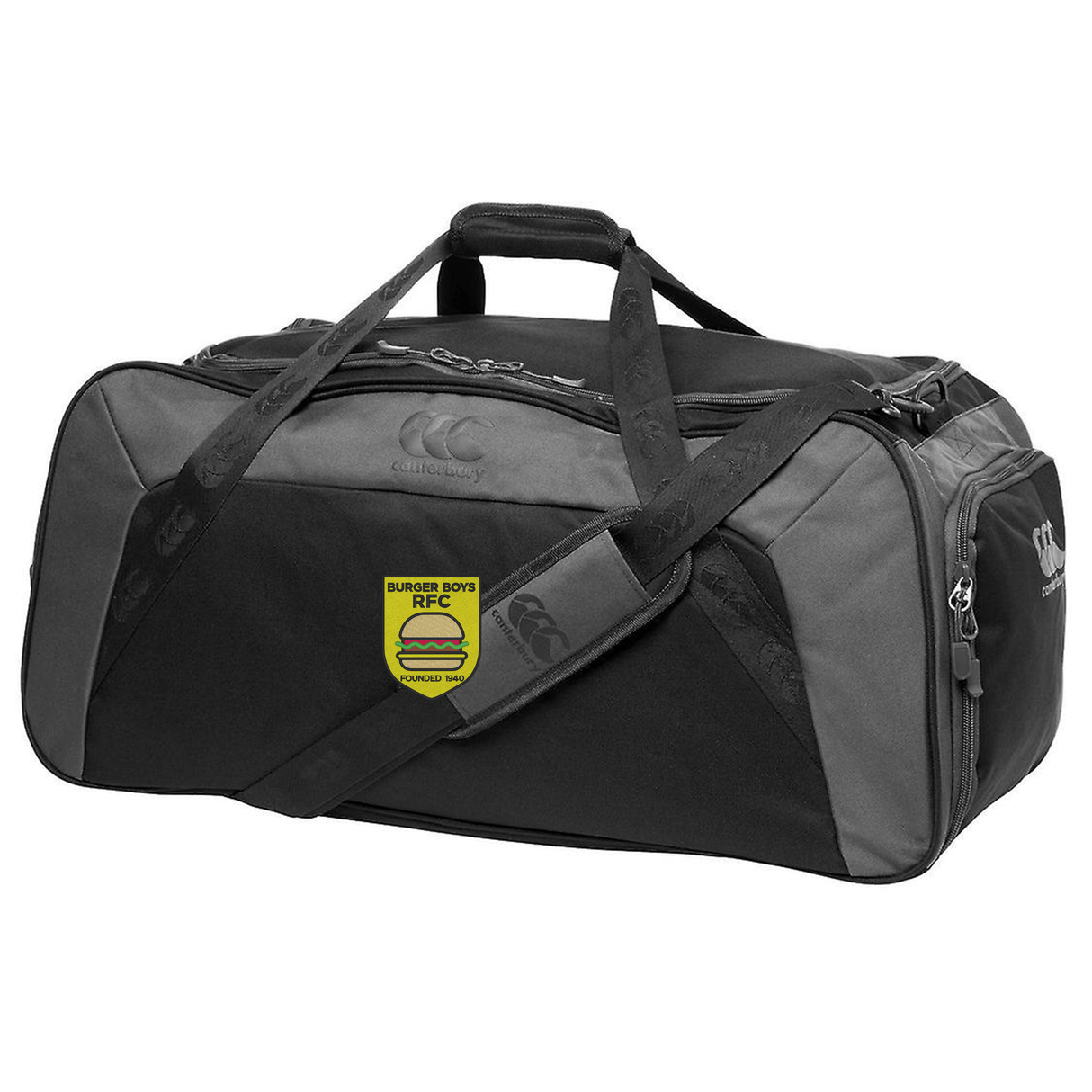 Burger Boys RFC Holdall Duffle Bag with logo patches, featuring side pockets and an adjustable shoulder strap by EMB Canterbury.