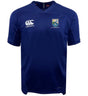 The Las Colinas Rugby Royal Vapodri Evader Jersey by EMB Canterbury is a blue short-sleeve top with the Canterbury logo, a bird and star crest on the chest, and Vapodri moisture-wicking tech to keep you cool on the rugby field.