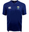The Las Colinas Rugby Royal Vapodri Evader Jersey by EMB Canterbury is a blue short-sleeve top with the Canterbury logo, a bird and star crest on the chest, and Vapodri moisture-wicking tech to keep you cool on the rugby field.