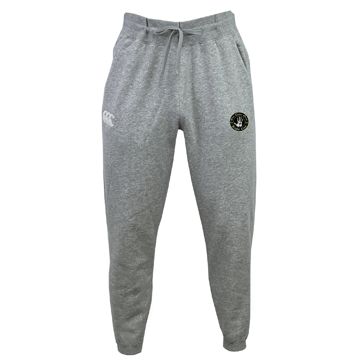 The Eau Claire Orcs Leisure Sweatpant by EMB Canterbury is designed in cozy gray sustainable fabric, featuring a drawstring waist and embellished with a black circular logo on the right side and a white one on the left.