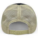 A vintage style USA Rugby Eco Trucker Cap, by EMB Alpha Broder, featuring a beige and black design, set against a clean white background.