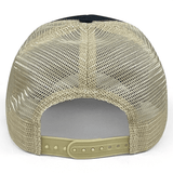 The EMB S&S Activewear USA Rugby Bronze Eco Trucker Hat in beige mesh is shown from the back, highlighting its adjustable plastic snap closure.
