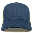 The Eco Trucker Hat by S&S Activewear features a curved brim, beige mesh panels, and is made from recycled polyester for a sustainable style. Navy blue color.