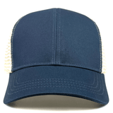 The Eco Trucker Hat by S&S Activewear features a curved brim, beige mesh panels, and is made from recycled polyester for a sustainable style. Navy blue color.