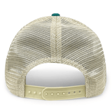 A Ireland Rugby 1875 Navy Text Eco Trucker Cap with a teal trim featuring an embroidered design.
