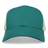 The S&S Activewear Eco Trucker Hat features a teal solid front panel made from recycled polyester and organic cotton, with beige mesh back panels, shown from the front.