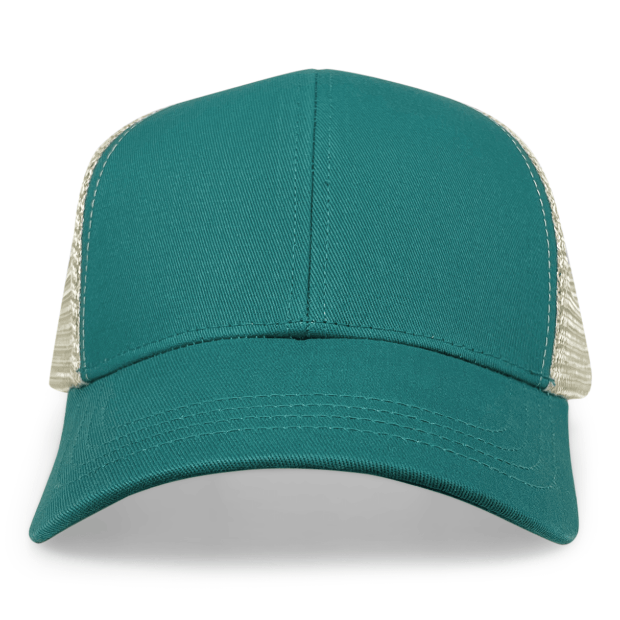 The S&S Activewear Eco Trucker Hat features a teal solid front panel made from recycled polyester and organic cotton, with beige mesh back panels, shown from the front.