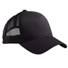 The S&S Activewear Eco Trucker Hat is black with a curved brim and mesh back panels, made from organic cotton and recycled polyester. Shown on a plain white background.
