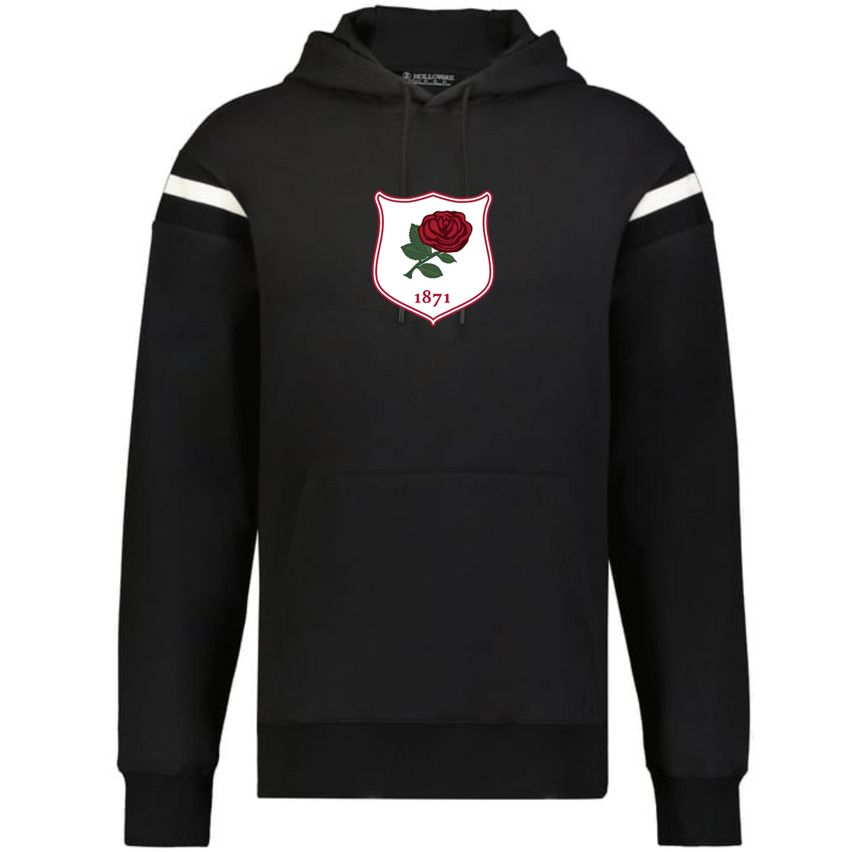 Showcase classic style with the WRS Augusta England Heritage Prep Vintage Shield Hoodie—this black hoodie features white stripes on the upper sleeves and a vintage shield crest with a red rose and bold "1871" detailing.