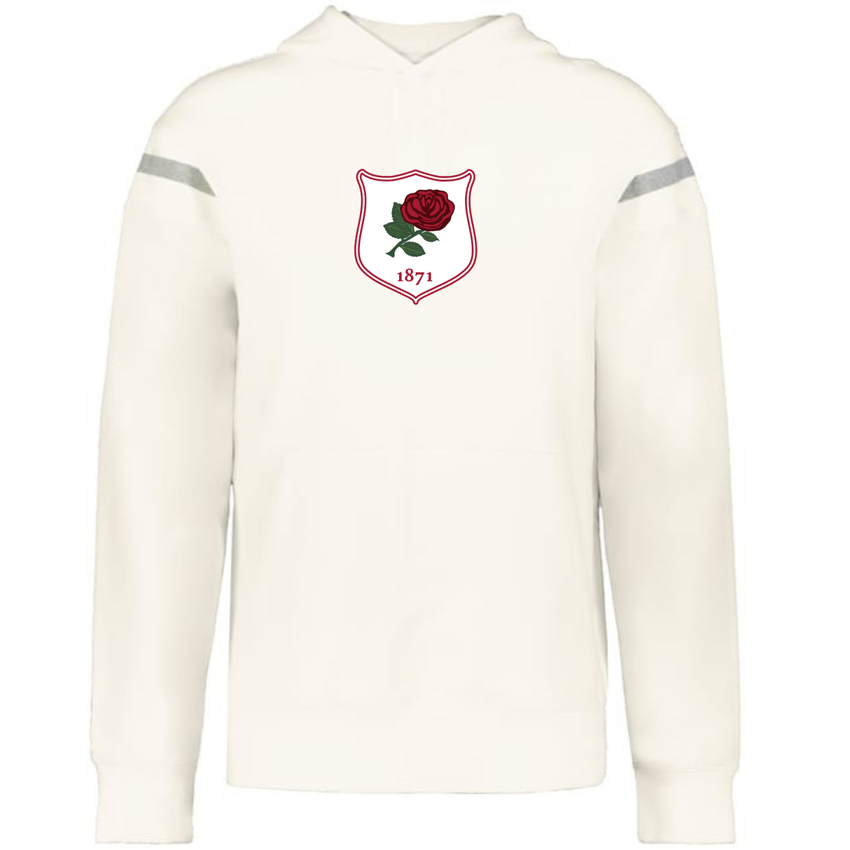 The WRS Augusta England Heritage Prep Vintage Shield Hoodie is a white top with a shield badge featuring a red rose and "1871" on the chest, celebrating classic collegiate style.