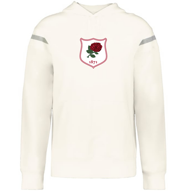 The WRS Augusta England Heritage Prep Vintage Shield Hoodie is a white top with a shield badge featuring a red rose and "1871" on the chest, celebrating classic collegiate style.