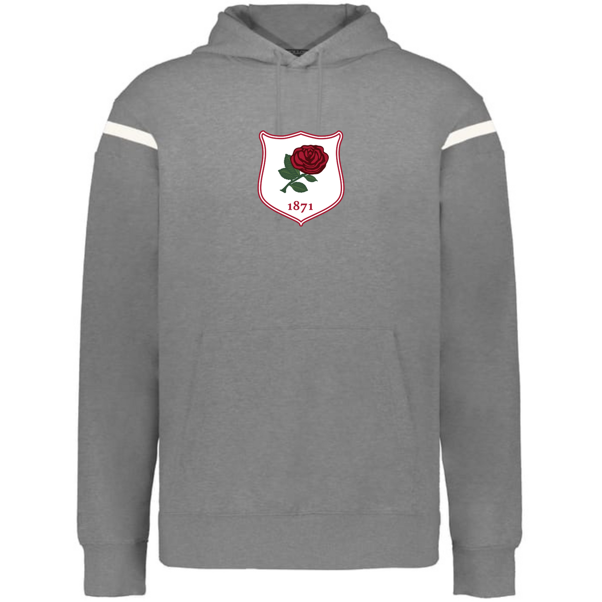 The WRS Augusta England Heritage Prep Vintage Shield Hoodie features a gray design with white stripes, a red rose emblem, and "1871"—a classic homage to England heritage style.