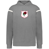 The WRS Augusta England Heritage Prep Vintage Shield Hoodie features a gray design with white stripes, a red rose emblem, and "1871"—a classic homage to England heritage style.